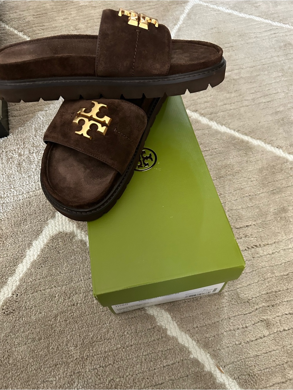 Tory Burch Brown Suede Slide Sandals with Gold Logo Accent - Picture 5 of 5